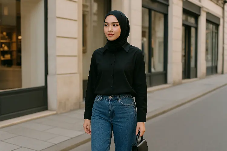 6 Inspirasi OOTD Kemeja Hitam Hijab Celana Jeans: Stylish, Simple, dan Elegan