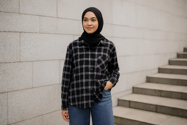 Kemeja Hitam Kotak-Kotak, Jeans, dan Pashmina Hitam