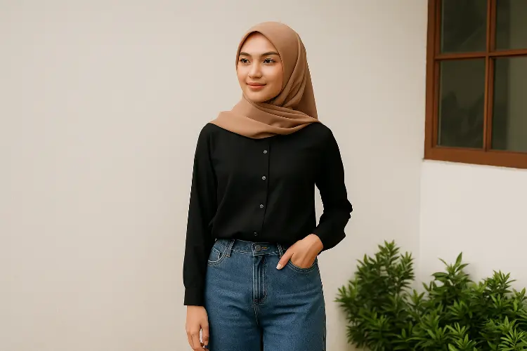 Kemeja Hitam, Celana Jeans, dan Hijab Mocca