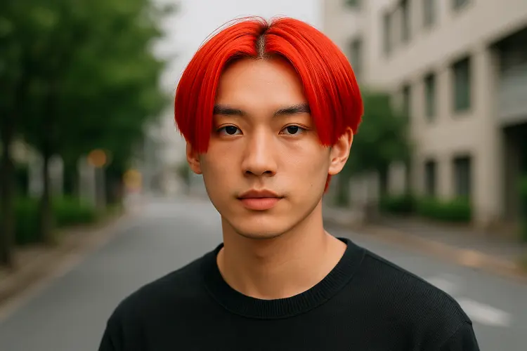 Rambut Pria ala Jepang Mid-Parted Merah Menyala - Bold, Fresh, dan Super Trendy